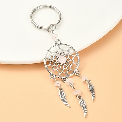 Rose Quartz Natural Rose Quartz Chips Keychain, with Tibetan Style Pendants and 316 Surgical Stainless Steel Key Ring, Woven Net/Web with Feather, 107mm, Pendant: 82x28x7mm