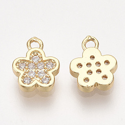 Real 18K Gold Plated Brass Cubic Zirconia Charms, Flower, Clear, Real 18K Gold Plated, 9x7x1.5mm, Hole: 1mm