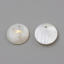 Golden Freshwater Shell Pendants, Flat Round & Flamingo Shape, Golden, 16x3.5~4mm, Hole: 1.2mm