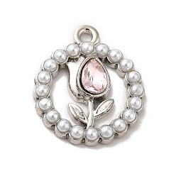 Lavender Blush Rack Plating Alloy Glass Pandants, Nickel Free, with ABS Plastic Imitation Pearl, Flat Round with Flower Charms, Platinum, Lavender Blush, 20.5x17.5x4mm, Hole: 2mm