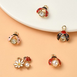 Mixed Color 5Pcs 5 Styles Alloy Rhinestones Pendants, with Enamel and ABS Plastic Imitation Pearl Bead, Light Gold, Ladybug, Mixed Color, 13~15x11.5~16x4~7mm, Hole: 1.6~2mm, 1pc/style