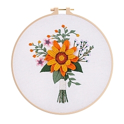 Dark Orange Flower Pattern DIY Embroidery Kit, including Embroidery Needles & Thread, Cotton Cloth, Dark Orange, 210x210mm