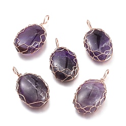 Amethyst Natural Amethyst Pendants, Wire Wrapped Pendants, with Rose Gold Plated Brass Wire, Oval, 42.5x23x10mm, Hole: 5x7mm