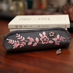 Gris Kit de bordado de caja de lápiz de patrón de flor de bricolaje, incluyendo agujas de bordar e hilo, tela de algodón, aro de bordado de plástico, gris, 80x230x60 mm