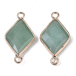 Green Aventurine Natural Green Aventurine Links Connectors, with Edge Light Gold Plated Brass Findings, Faceted, Rhombus, 29~30x15x4mm, Hole: 2.5mm