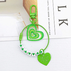 Lime Green Cube & Heart Acrylic Pendant Keychain, with Polyester Cord and Spray Painted Alloy Findings, Lime Green, 11cm