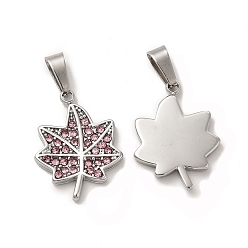 Light Rose 304 Stainless Steel Pendants, with Rhinestone, Maple Leaf Charm, Stainless Steel Color, Light Rose, 18x14x2mm, Hole: 6x2.7mm