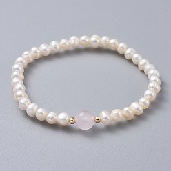 Rose Quartz Stretch Grade A Natural Freshwater Pearl Bracelets, with Natural Rose Quartz Beads and Brass Beads, 2 inch(5.1cm)
