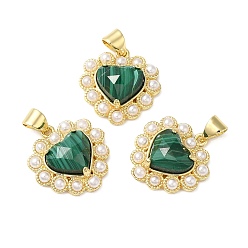 Malachite Natural Malachite Pendants, Faceted Heart Charms, with Ion Plating(IP) Brass Findings and Plastic Beads, Real 14K Gold Plated, 18~18.5x17.5~18x5.5~6.8mm, Hole: 4.5x3.5mm