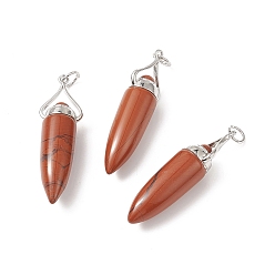Red Jasper Natural Red Jasper Pointed Big Pendants, with Jump Ring, Bullet Charms with Platinum Plated Brass Findings, 51~52x11.7~12.3mm, Hole: 6mm