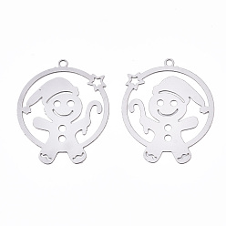 Stainless Steel Color Christmas 201 Stainless Steel Filigree Pendants, Etched Metal Embellishments, Ring with Snowman, Stainless Steel Color, 23x20x0.3mm, Hole: 1.2mm