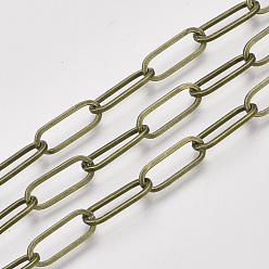 Bronze Antique Chaînes de trombones en fer non soudées, Ovale Plat, chaînes de câble allongées étirées, avec bobine, bronze antique, 16x7x1.6mm, environ 82.02 pieds (25 m)/rouleau