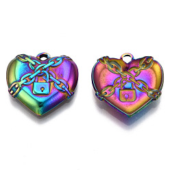 Rainbow Color 201 Stainless Steel Pendants, Locked Heart Charm, Rainbow Color, 19.5x20x3.5mm, Hole: 1.8mm