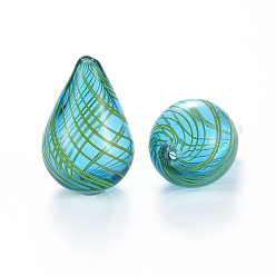 Medium Turquoise Transparent Handmade Blown Glass Globe Beads, Stripe Pattern, Teardrop, Medium Turquoise, 28~29.5x18.5~19.5mm, Hole: 1.2~2.2mm