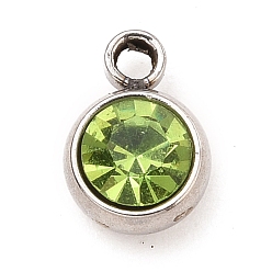 Olivine 304 Stainless Steel Charms, with Acrylic Rhinestone, Birthstone Charms, Faceted, Flat Round, Stainless Steel Color, Olivine, 8.2x6x3.5mm, Hole: 1.2mm