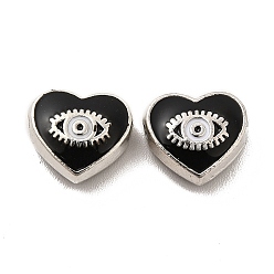 Negro Perlas de esmalte de la aleación, corazón con ojo de caballo, Platino, negro, 9x10x4 mm, agujero: 1.6 mm