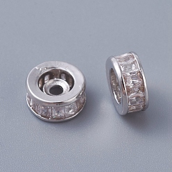 Platinum Brass Beads, with Clear Cubic Zirconia, Long-Lasting Plated, Column, Platinum, 8x3.5mm, Hole: 1.6mm