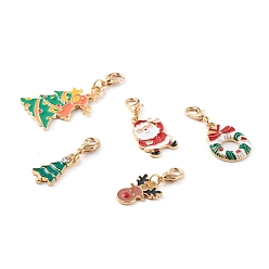 Mixed Color Christmas Theme Light Gold  Alloy Enamel Pendants, with Lobster Claw Clasps, Tree & Reindeer/Stag & Santa Claus & Wreath, Mixed Color, 30~45mm