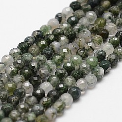 Agate Mousse Naturelles agate perles brins, facette, ronde, 4mm, Trou: 1mm, Environ 96 pcs/chapelet, 14.9 pouces ~ 15.1 pouces