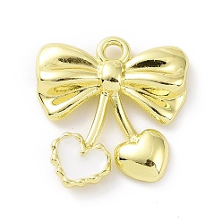 White Rack Plating Alloy Enamel Pendants, Bowknot with Heart Charms, White, 19.5x19x3.5mm, Hole: 2mm