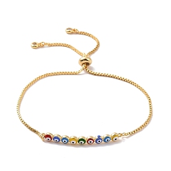 Coloré Bracelet coulissant à maillons mauvais œil en émail avec zircone cubique, bijoux porte-bonheur en laiton plaqué or véritable 18k pour femmes, colorées, diamètre intérieur: 1/2~3-1/4 pouce (1.2~8.3 cm)