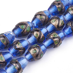 Bleu Perles au chalumeau de sable d'or faites à la main , tambour, bleu, 15~18x10~12mm, Trou: 1.5~2mm