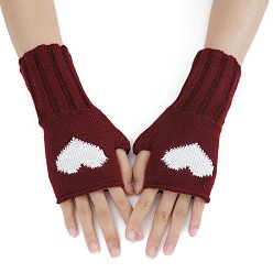 Dark Red Acrylic Fiber Yarn Knitting Fingerless Gloves, Two Tone Heart Pattern Winter Warm Gloves with Thumb Hole, Dark Red, 200x85mm