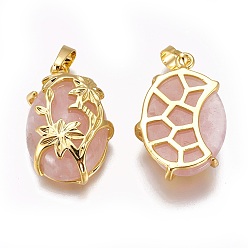 Rose Quartz Natural Rose Quartz Pendants, with Golden Tone Brass Findings, Oval with Flower, 32x20x9mm, Hole: 5x8mm
