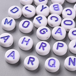 Purple Opaque White Acrylic Beads, with Enamel, Horizontal Hole, Flat Round with Random Initial Letter, Purple, 9.5x4.5mm, Hole: 2mm, 1580pcs/500g