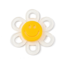 White Acrylic Cabochons, with Glitter Powder, Flower with Smiling Face, White, 37x4.5mm