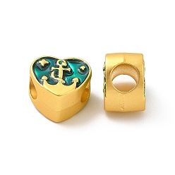 Matte Gold Color Rack Plating Alloy Enamel European Beads, Large Hole Beads, Lead Free & Cadmium Free & Nickel Free, Heart with Anchor, Matte Gold Color, 9.5x10x7mm, Hole: 4.2mm