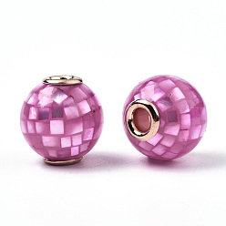 Hot Pink Natural White Shell Beads, with Brass Findings, Round, Dyed, Hot Pink, 10.5~11x10mm, Hole: 2mm
