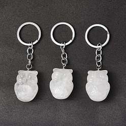 Cristal de Quartz Porte-clés pendentif en cristal de quartz naturel, avec des découvertes de porte-clés en fer, chouette, 8 cm