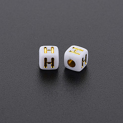 Letter H Opaque White Acrylic Beads, Metal Enlaced, Cube with Letters, Letter.H, 4.5mm, Hole: 2mm, about 5000pcs/500g