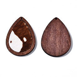 Sienna Eco-Friendly Cowhide Leather Pendants, with Dyed Wood, Teardrop with Leopard Print, Sienna, 46x32.5x4mm, Hole: 1.2mm