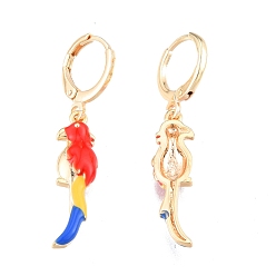 Real 18K Gold Plated Colorful Enamel Parrot Dangle Leverback Earrings, Brass Jewelry for Women, Cadmium Free & Nickel Free & Lead Free, Real 18K Gold Plated, 38mm, Pin: 1mm