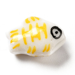 Jaune Perles de porcelaine imprimés faits à la main, poisson, jaune, 14.5~15x11.5~12x7~7.5mm, Trou: 1.6mm