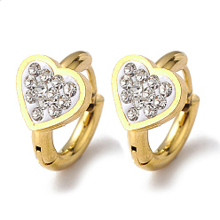 Oro Aretes de aro con corazón de diamantes de imitación de cristal, chapado al vacío 202 pendientes de acero inoxidable con 304 alfileres de acero inoxidable para mujer, dorado, 15x17x2.5 mm, pin: 1 mm