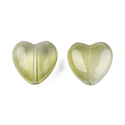 Vert Jaune Perles de verre peintes par pulvérisation transparent, cœur, vert jaune, 12x12x5.5mm, Trou: 0.9~1mm