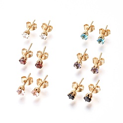 Golden 304 Stainless Steel Stud Earrings, with Rhinestone and Ear Nuts/Earring Back, Flat Round, Mixed Color, Golden, 14.5x4mm, Pin: 0.7mm, 12pairs/card