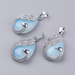 Opalite Opalite Pendants, with Brass Finding, Teardrop with Peacock, Platinum, 33x20x10.5mm, Hole: 5x6.5mm