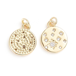 Golden Brass Micro Pave Cubic Zirconia Pendants, with Jump Ring, Long-Lasting Plated, Flat Round with Sun, Clear, Golden, 14x11.2x2mm, Hole: 2.5mm