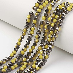 Yellow Electroplate Opaque Glass Beads Strands, Half Black Plated, Faceted, Rondelle, Yellow, 2x1.5mm, Hole: 0.4mm, about 195pcs/strand, 11 inch(28cm)