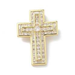 Real 18K Gold Plated Rack Plating Brass Micro Pave Cubic Zirconia Pendants, Lead Free & Cadmium Free, Religion Cross CHarm, Real 18K Gold Plated, 30.5x22x4.5mm, Hole: 4.5x3mm