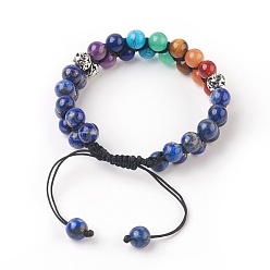 Lapis Lazuli Chakra Natural Lapis Lazuli Braided Bead Bracelets, with Natural & Synthetic Mixed Stone and Alloy Findings, Antique Silver, 2-3/8 inch(6cm)