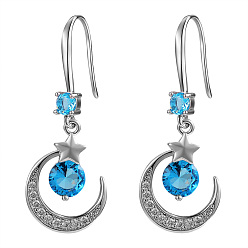Blue Crescent Moon & Star Drop Earrings, Cubic Zirconia Dangle Earrings for Girl Women, Platinum, Blue, 39x15mm, Pin: 1mm