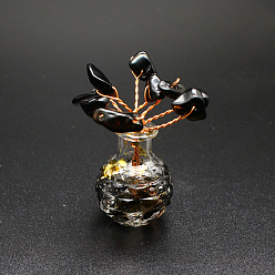 Obsidienne Décorations d'arbre en copeaux d'obsidienne naturelle, Base de vase avec fil de cuivre, pierre énergétique feng shui, cadeau pour la maison, le bureau, décoration de bureau, 50x20mm