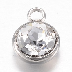 Claro 304 encantos de diamantes de imitación de cristal de acero inoxidable, encantos de piedra natal de abril, facetados, plano y redondo, Claro, 14x10x7 mm, agujero: 2.5 mm