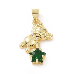 Green Brass Micro Pave Cubic Zirconia Pendants, Bear with Star Charm, Golden, Green, 27x15x4.5mm, Hole: 5x4mm