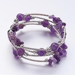 Purple Four Loops Wrap Amethyst Beads Bracelets, with Iron Beads and Flower Tibetan Style Spacer Findings, Purple, 2-1/8 inch(55mm)